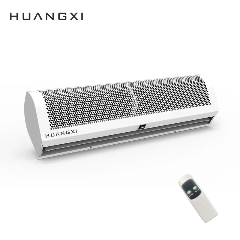 HUANGXI commercial air curtain with perforated metal housing and remote control, installed above doorway for energy saving air separation