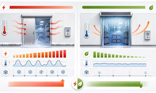 cold storage air curtain energy savings comparison showing reduced heat loss and defrost cycles