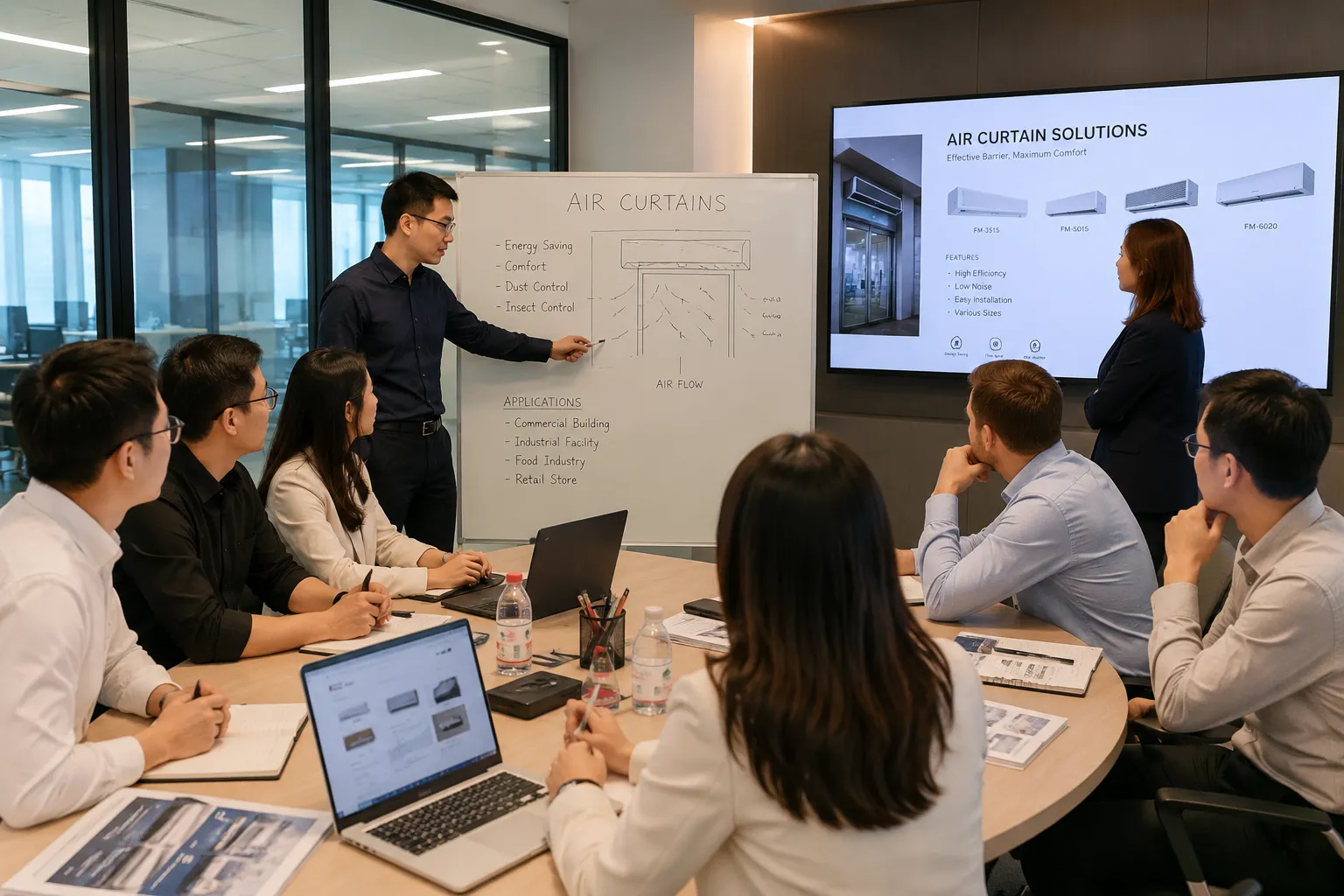 Meeting discusses huangxi air curtain solutions.