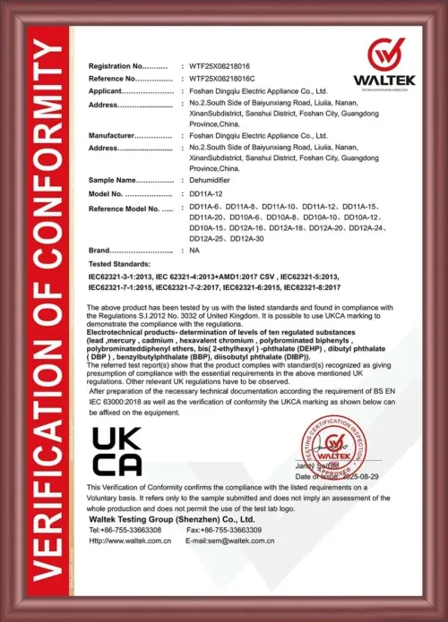 Dehumidifier conformity certificate