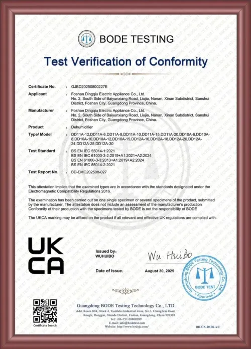Dehumidifier test verification of conformity