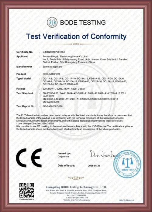 Test Verification of Conformity Certificate