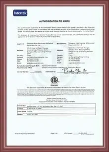 Intertek authorization to mark certificate
