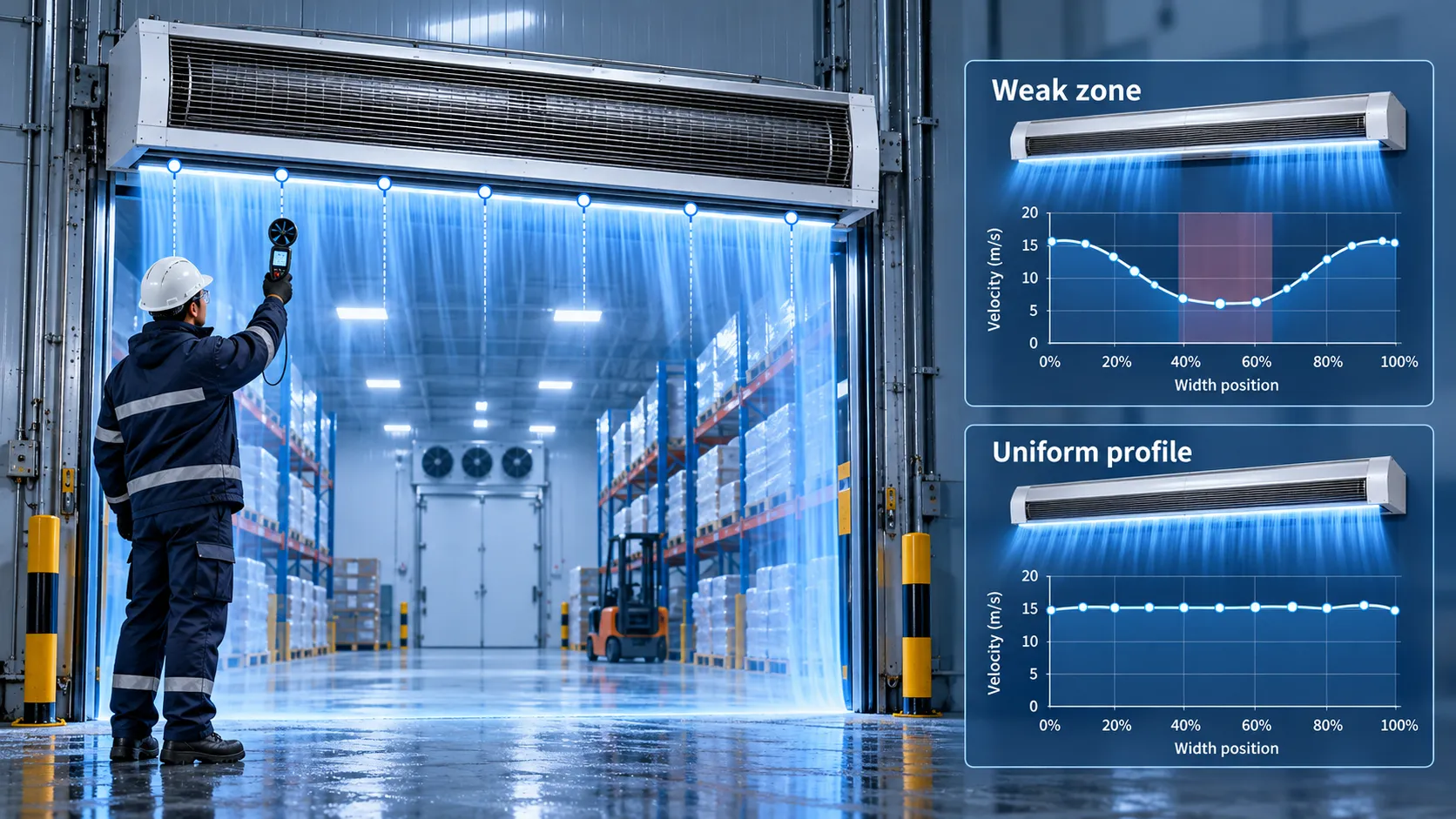 Centrifugal vs Cross-Flow Air Curtains for Cold Rooms Technician measuring air velocity across the outlet with weak-zone and uniform-profile charts