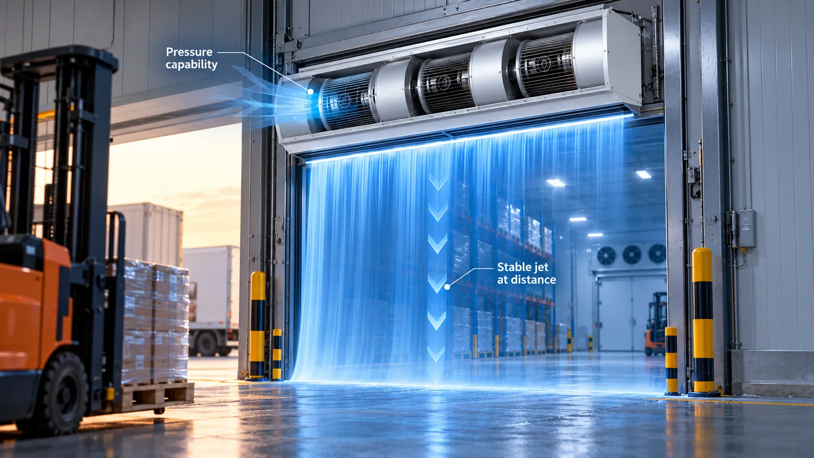 Centrifugal vs Cross-Flow Air Curtains for Cold Rooms Centrifugal air curtain showing pressure capability and a stable floor-reaching jet at a cold-room doorway