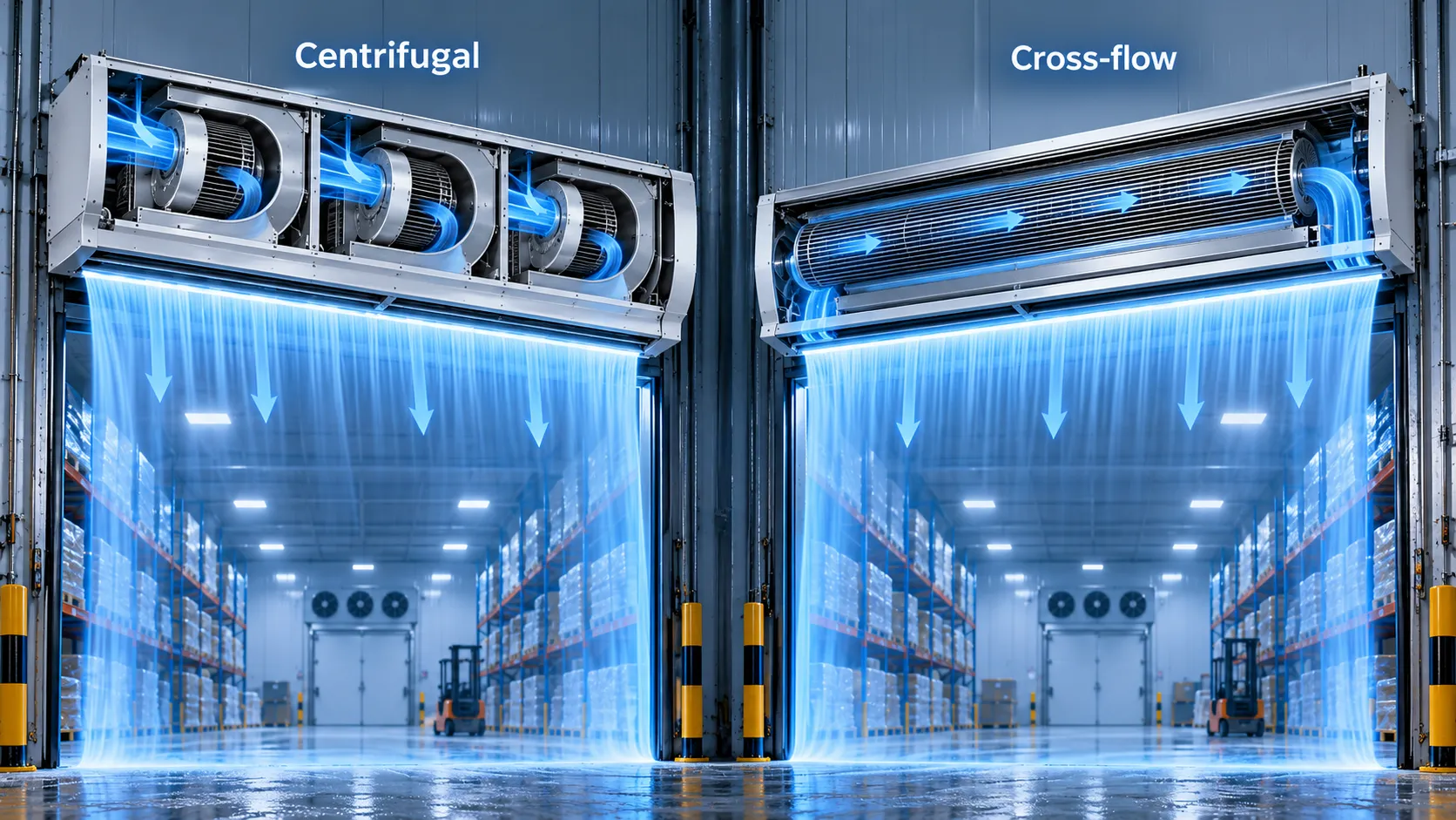 Centrifugal vs Cross-Flow Air Curtains for Cold Rooms Cutaway comparison showing centrifugal blower airflow and cross-flow impeller airflow paths