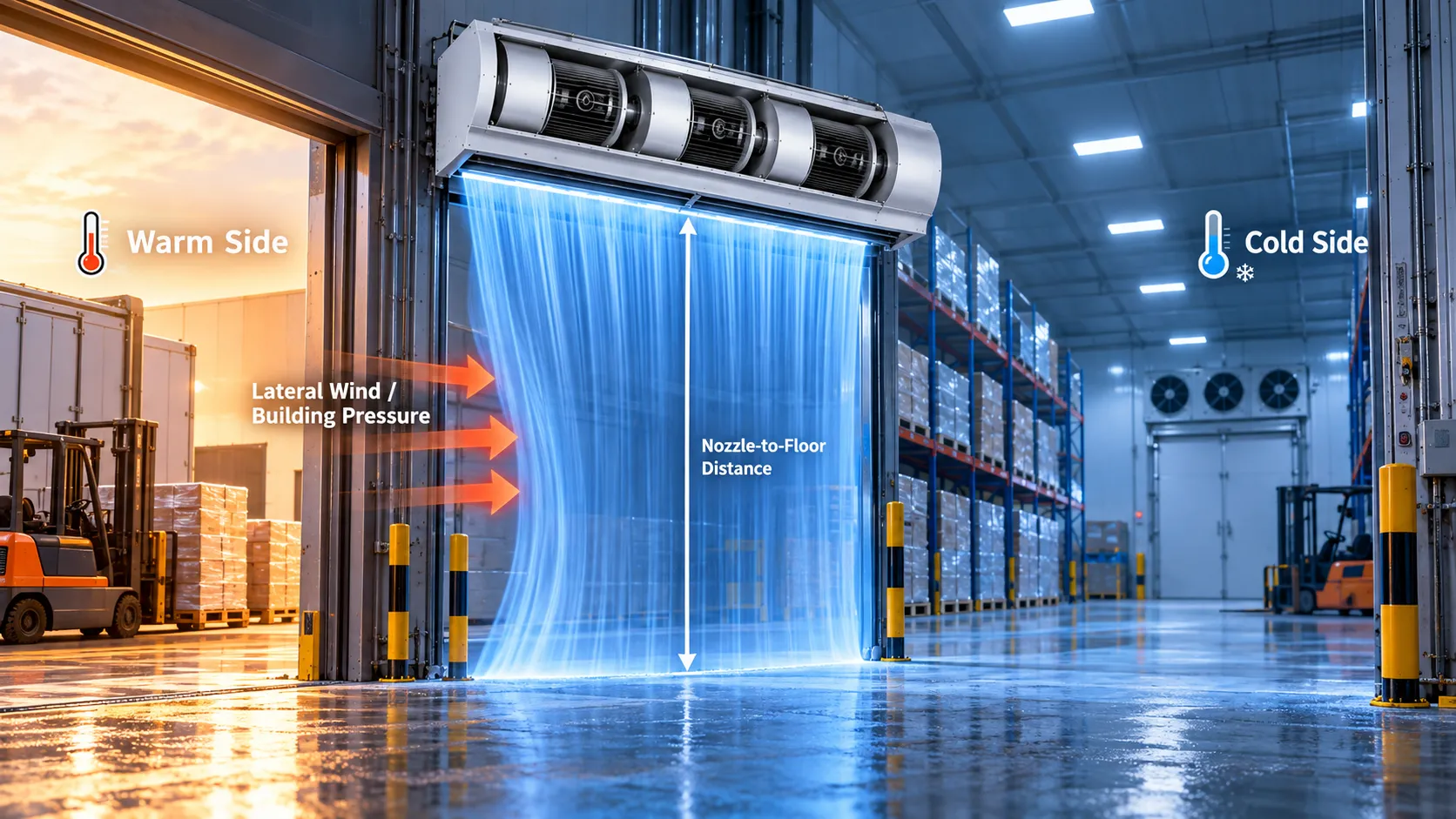 Centrifugal vs Cross-Flow Air Curtains for Cold Rooms Cold-room doorway showing nozzle-to-floor distance and lateral wind pressure acting on the air curtain jet