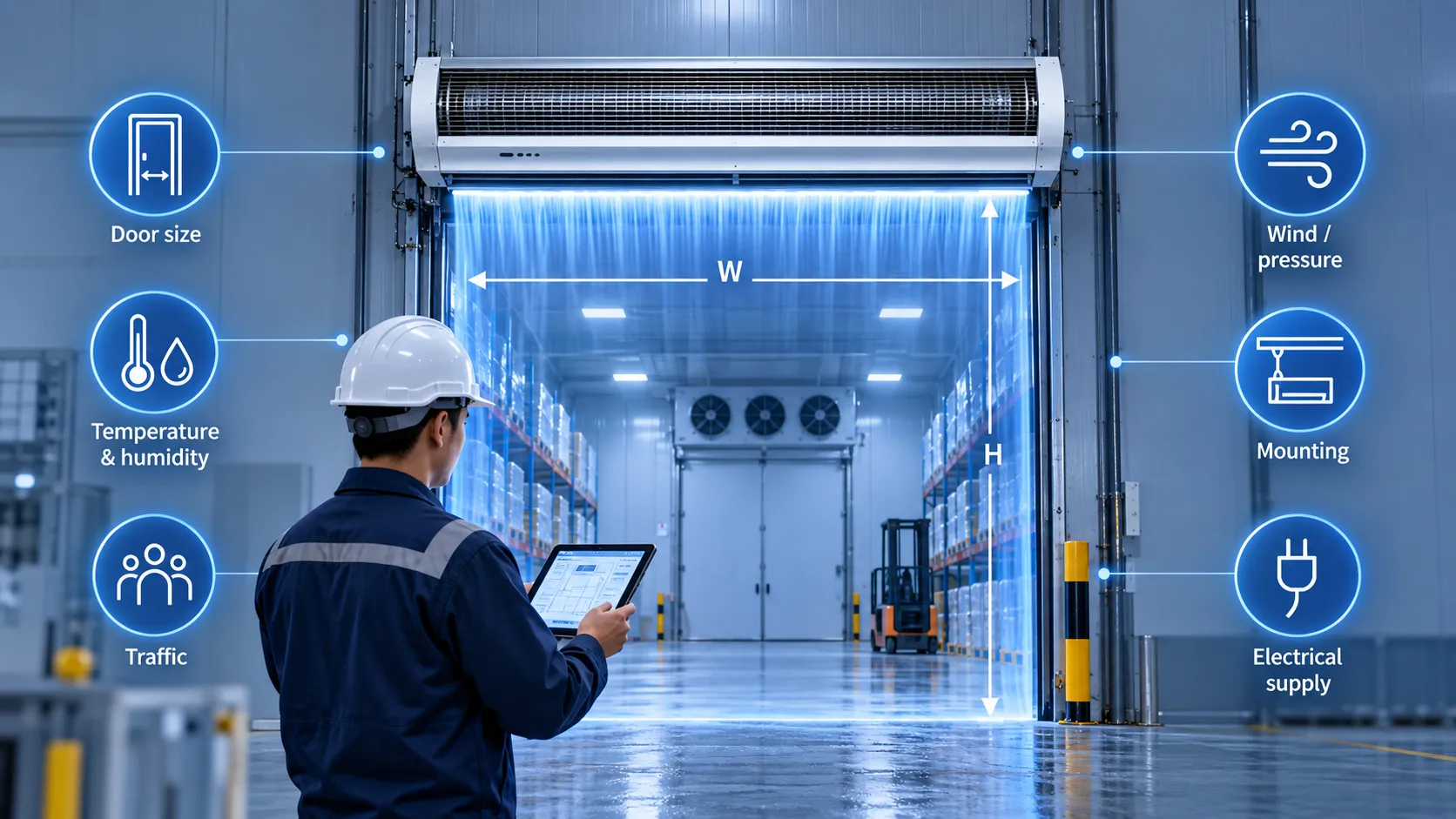 Centrifugal vs Cross-Flow Air Curtains for Cold Rooms Engineer reviewing door size temperature humidity traffic wind pressure mounting and electrical supply