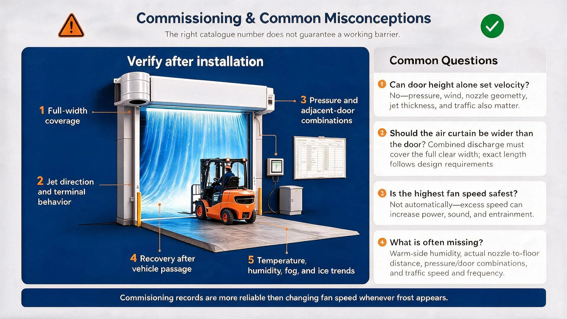 Cold storage air curtain commissioning checks for full-width coverage, jet direction and recovery after forklift passage