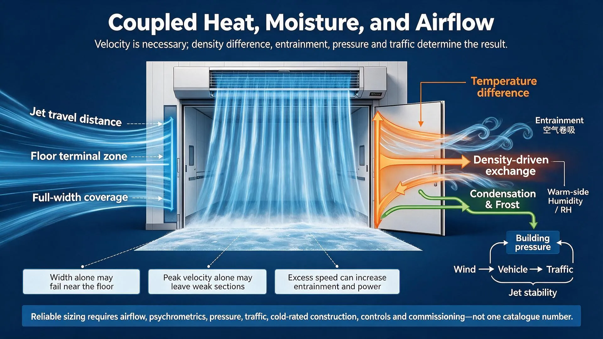 Cold room air curtain airflow showing jet travel, temperature difference, humidity, pressure, wind and traffic effects