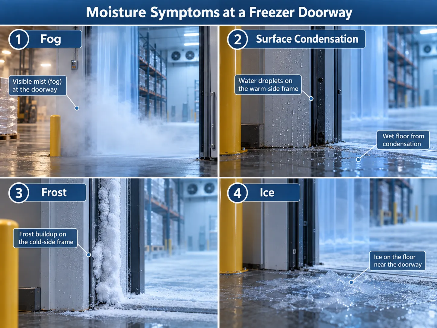 Freezer doorway moisture symptoms showing fog, surface condensation, frost and floor ice