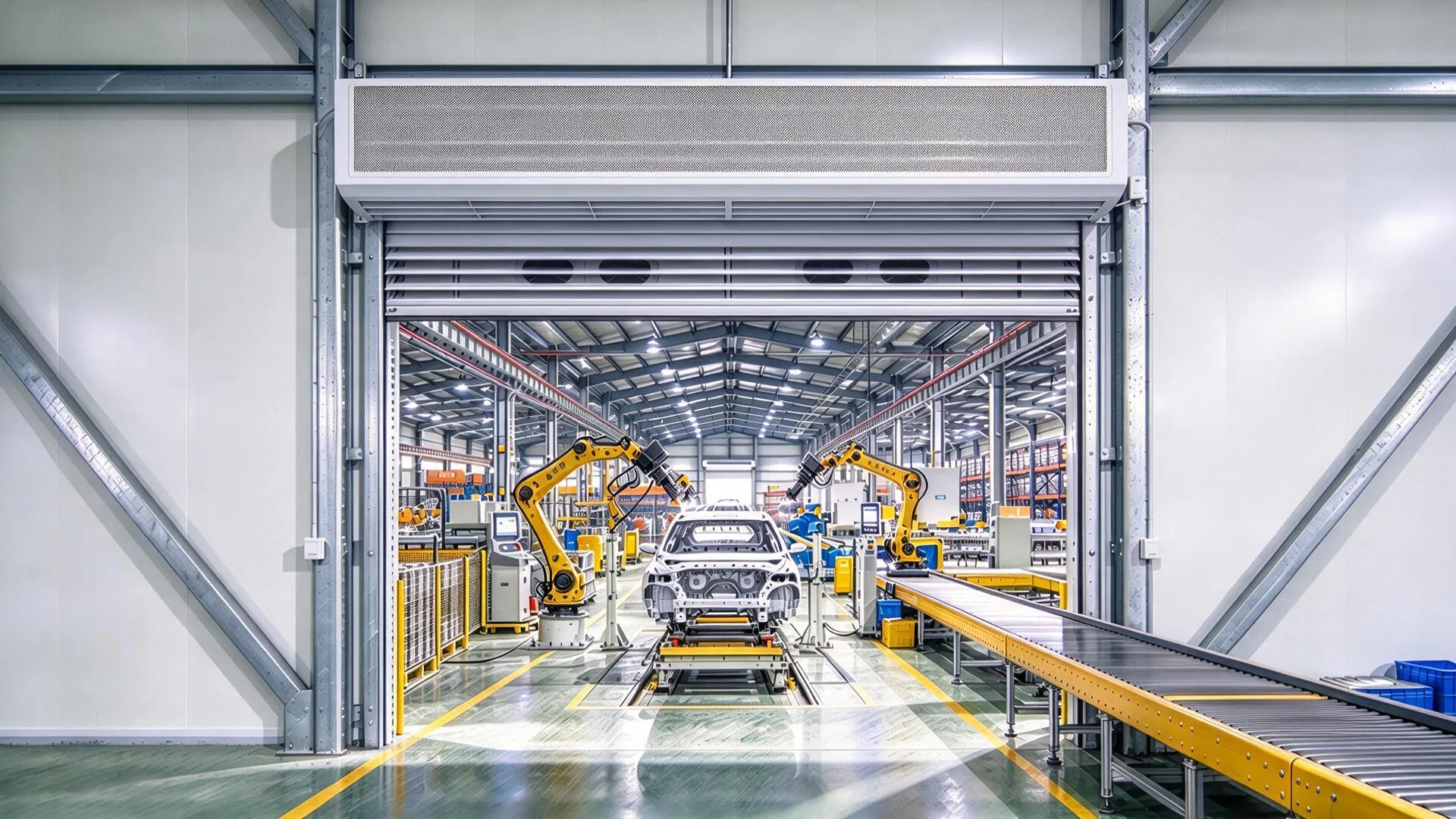 Horizontal vs Vertical Industrial Air Curtains for Large Doors Top-mounted air curtain above a large automated factory doorway