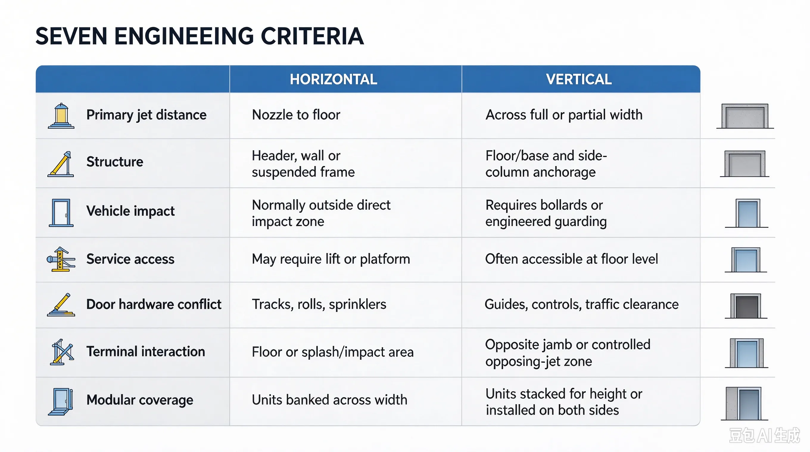 Horizontal vs Vertical Industrial Air Curtains for Large Doors Engineering comparison of jet distance structure impact risk service access and mounting constraints