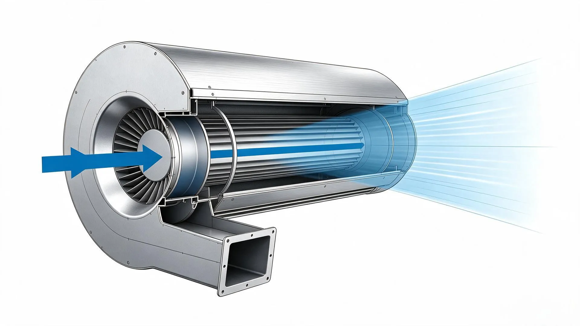 Centrifugal air curtain fan cross section showing airflow through the impeller and discharge