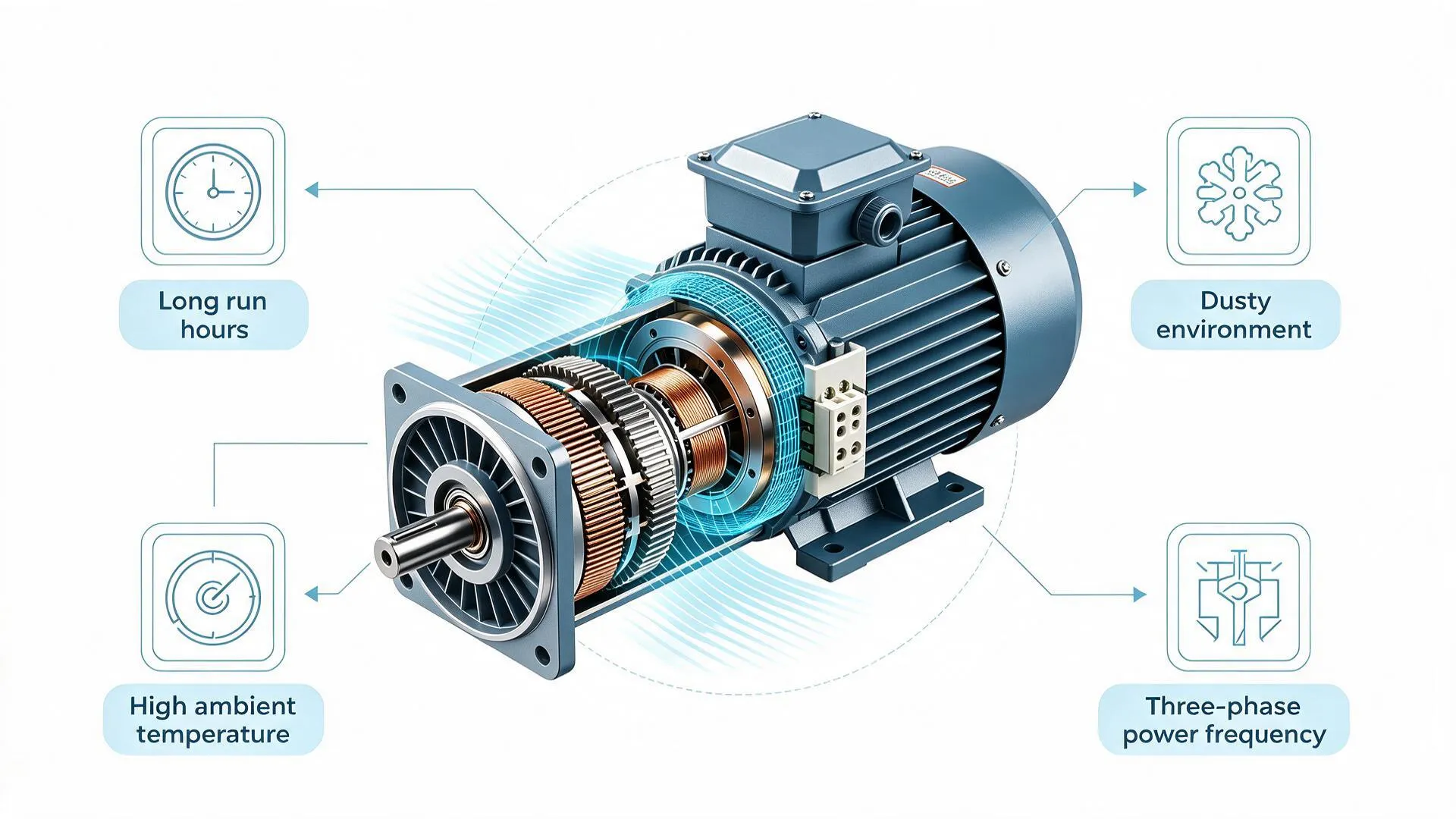 Industrial air curtain motor components for long run hours, high ambient temperature and three-phase duty