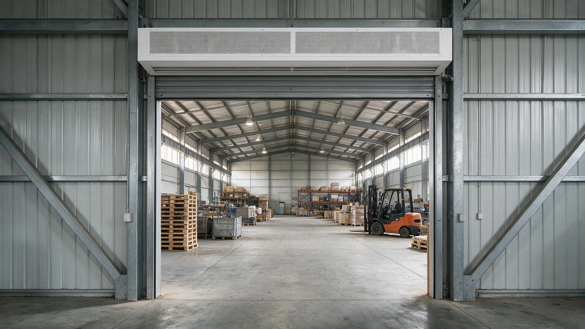 Warehouse air curtain installed above a large industrial door for forklift and material traffic