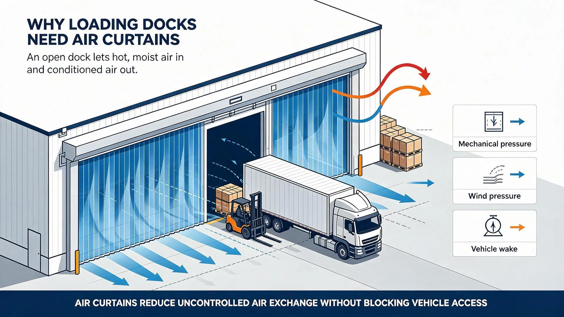 Loading-Dock Air Curtains for Mexico and Brazil: A Hot-Climate Design Checklist Loading dock air curtain reducing uncontrolled air exchange during truck and forklift access