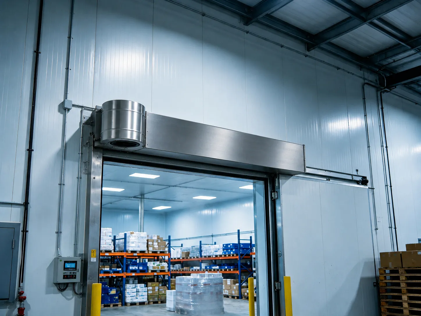 Centrifugal Air Curtains for Cold Storage: How the Air Barrier Works Stainless steel industrial air curtain installed above a cold room door