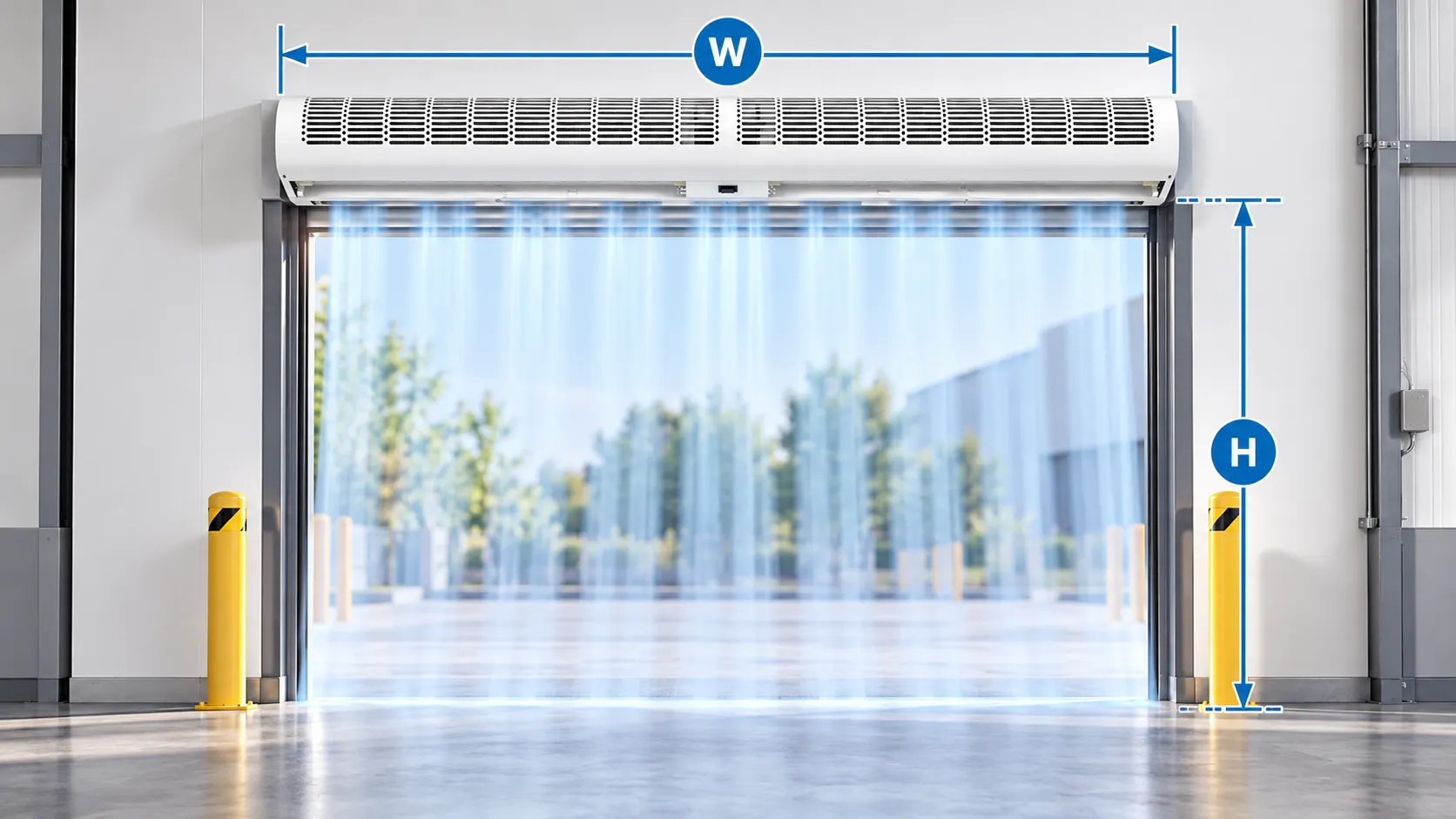 Doorway width W and installation height H used for air curtain sizing