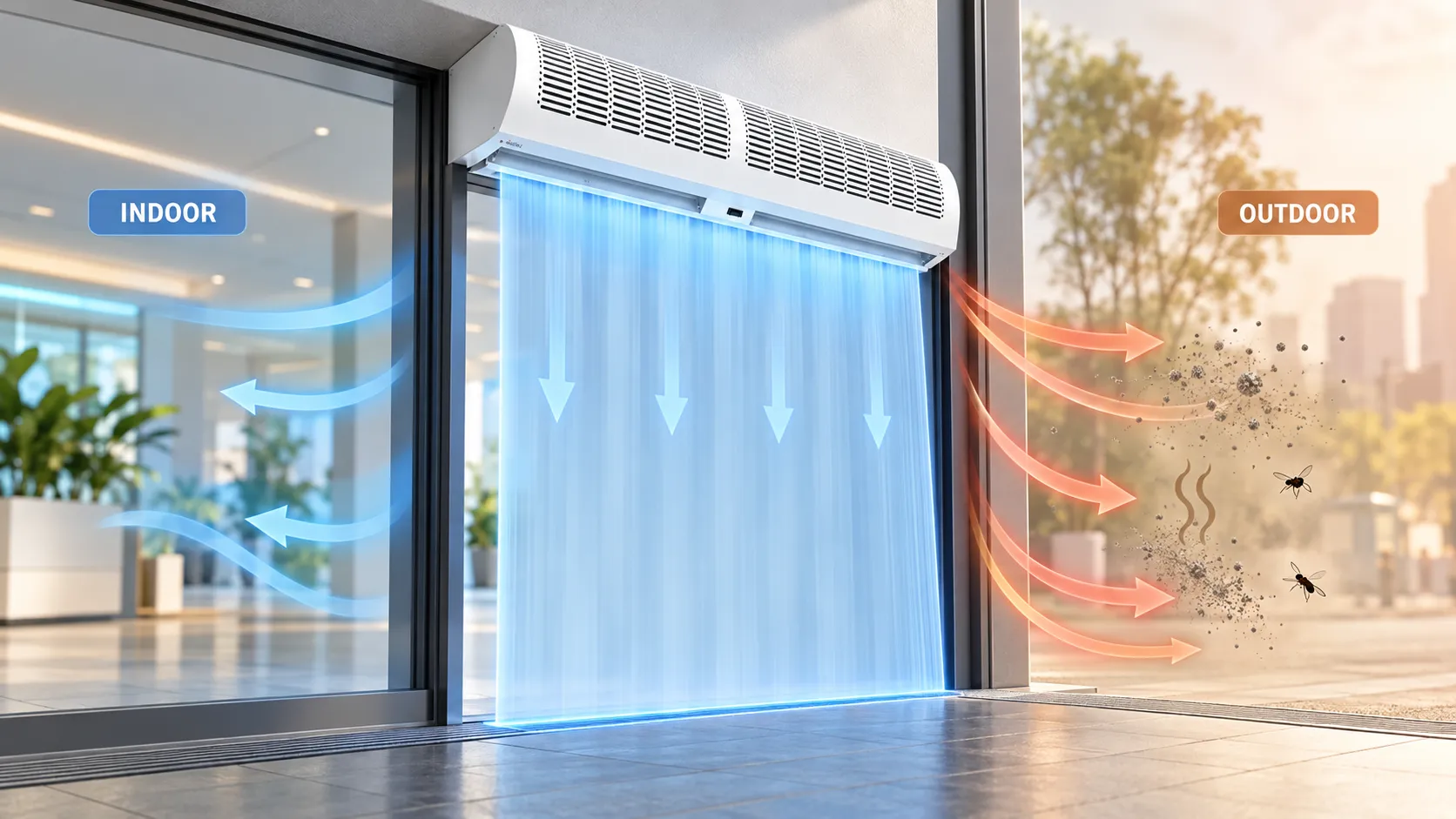 Downward air jet separating conditioned indoor air from outdoor heat dust and insects