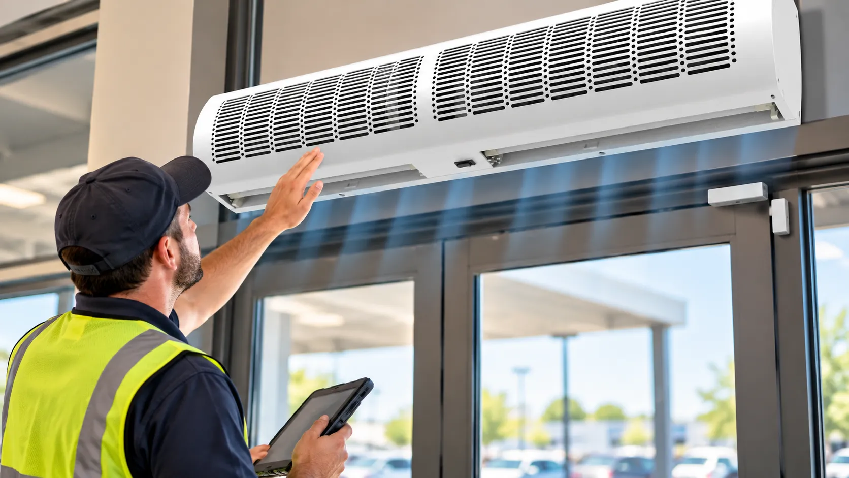 Technician checking airflow direction and installation above an automatic doorway