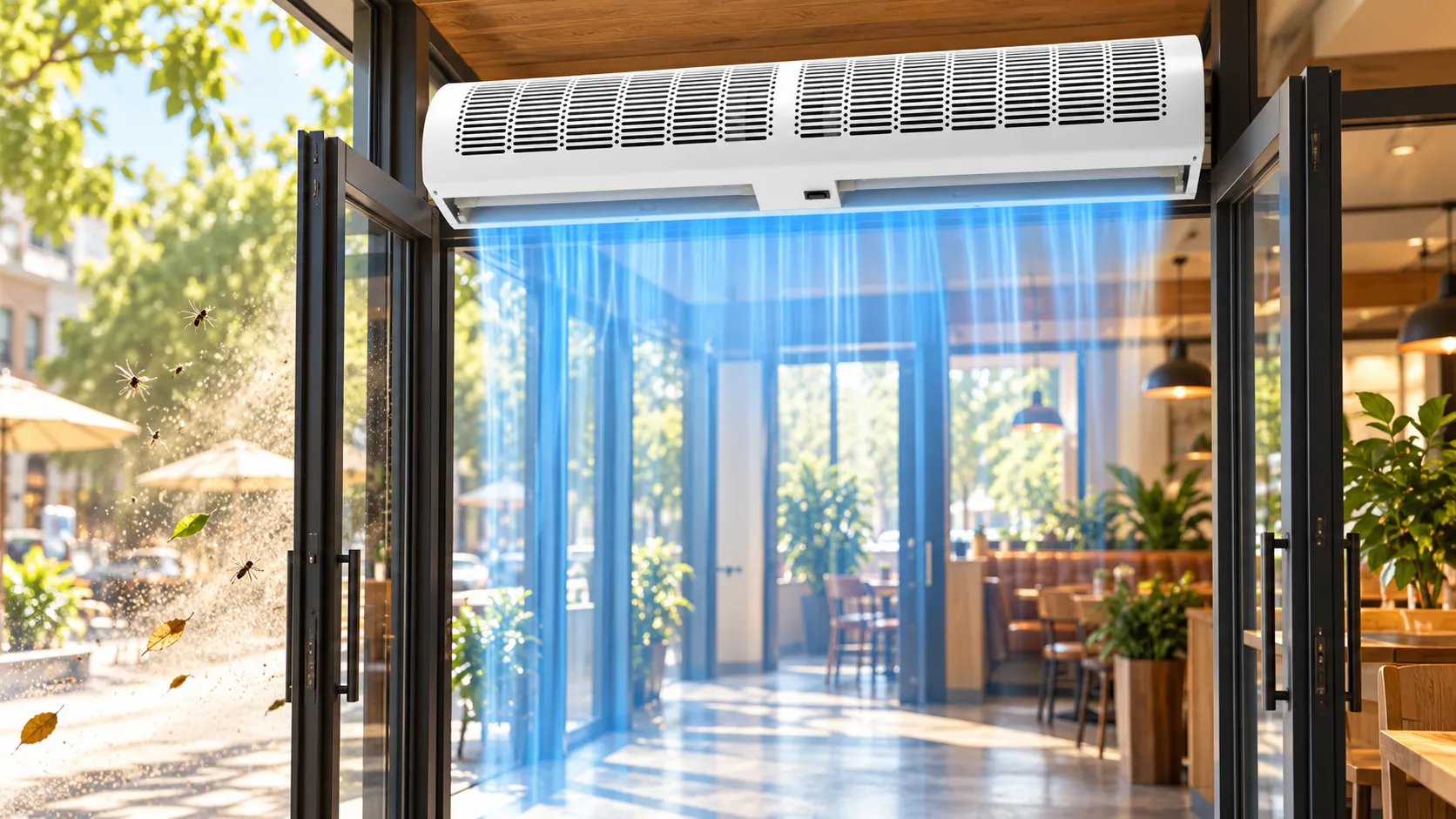 Air curtain installed above an open café entrance, creating a downward airflow barrier that helps reduce outside dust, leaves and flying insects entering the indoor space.