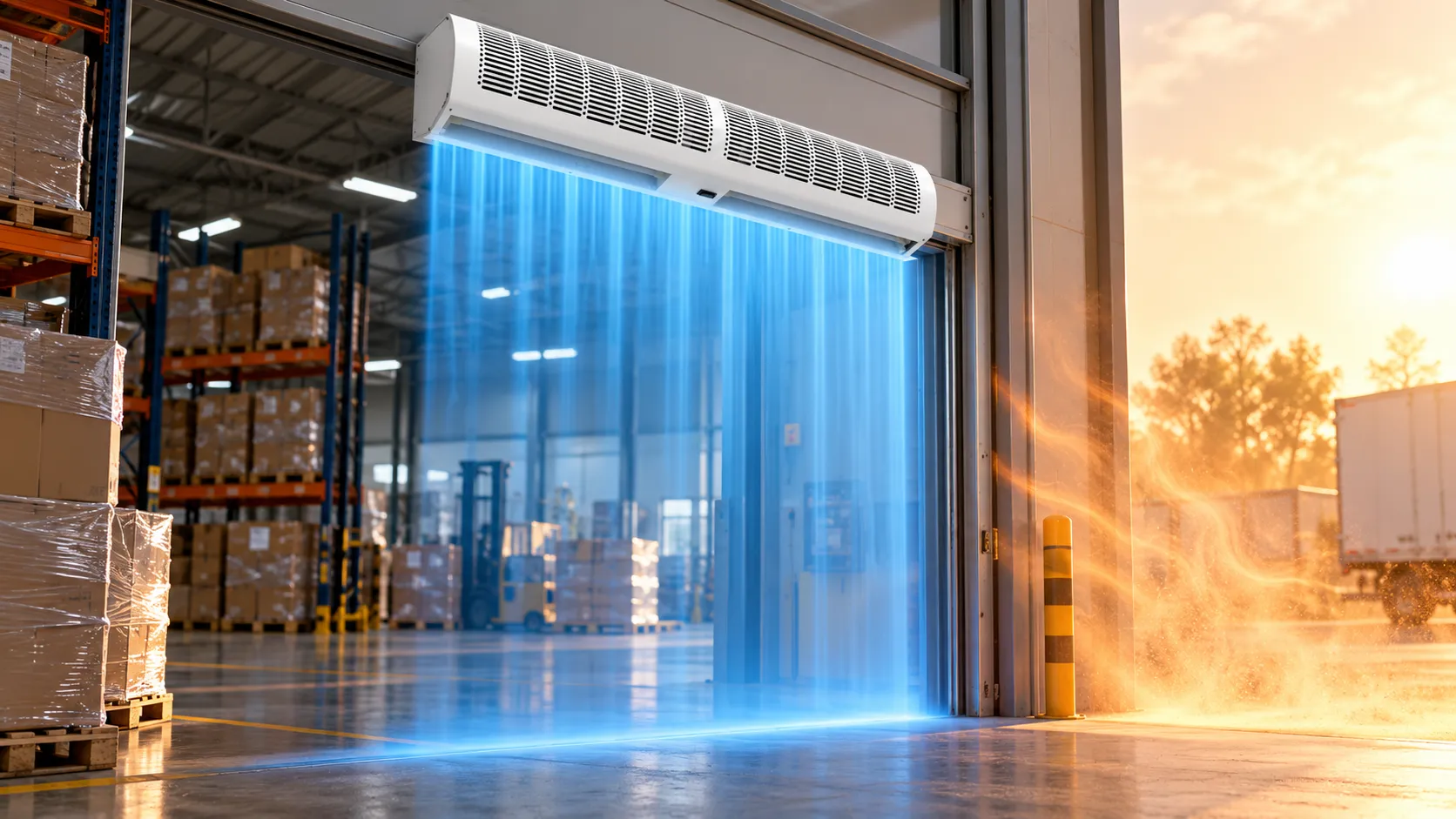 A commercial air curtain mounted above a warehouse loading door creates a vertical airflow barrier between the conditioned indoor space and the hot outdoor area.