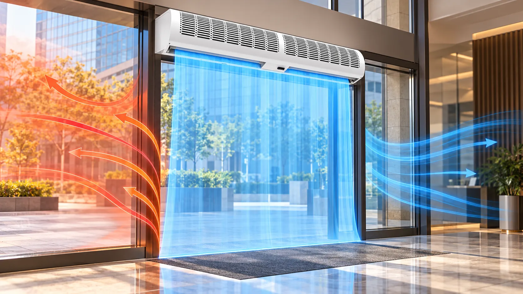 Air curtain above a glass lobby entrance, with a blue air barrier separating warm outdoor air from conditioned indoor air.
